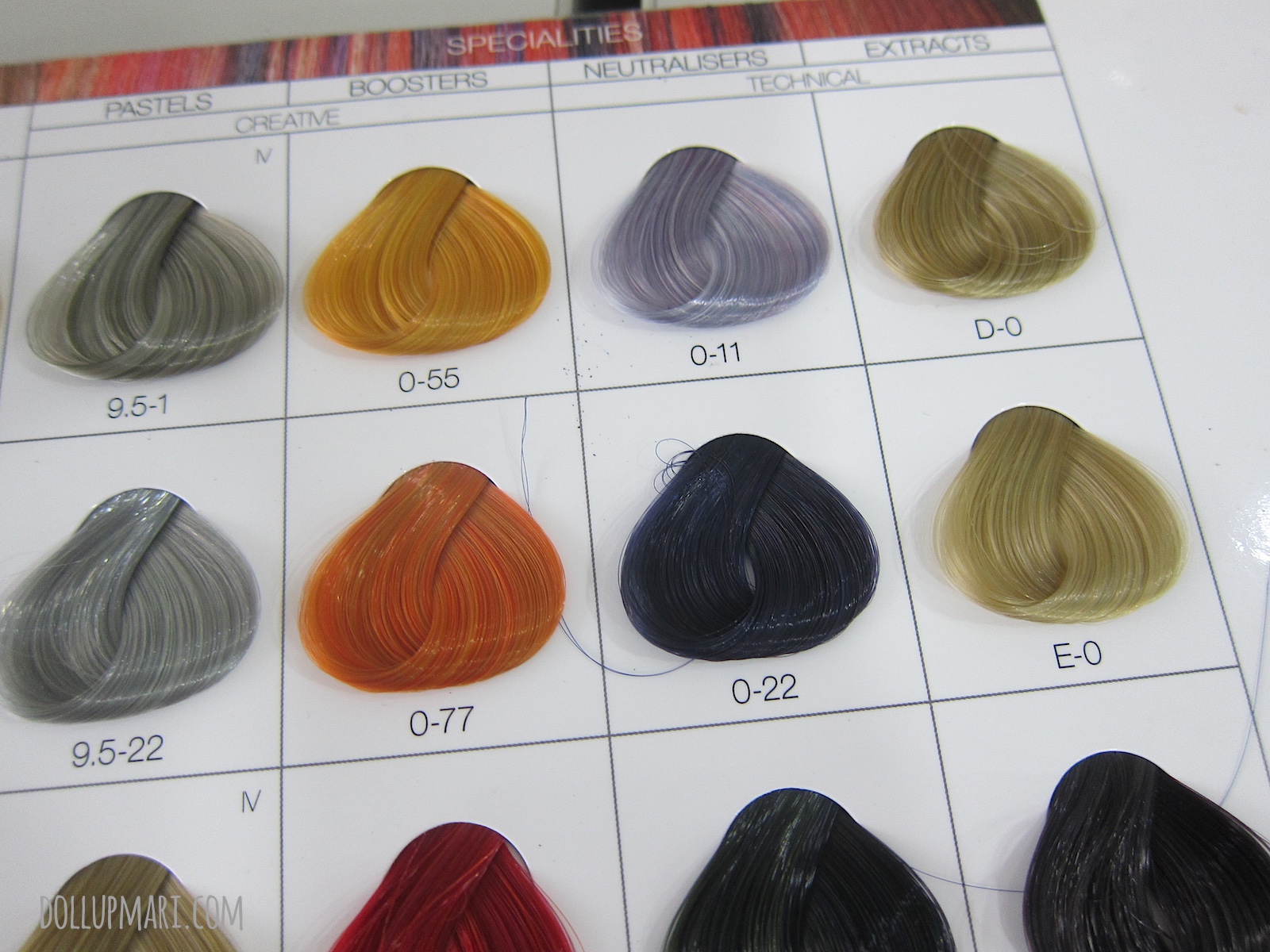 Schwarzkopf Color Chart for shades 9.5-1, 0-55, 0-11, D-0, 9.5-22, 0-77, 0-22, E-0