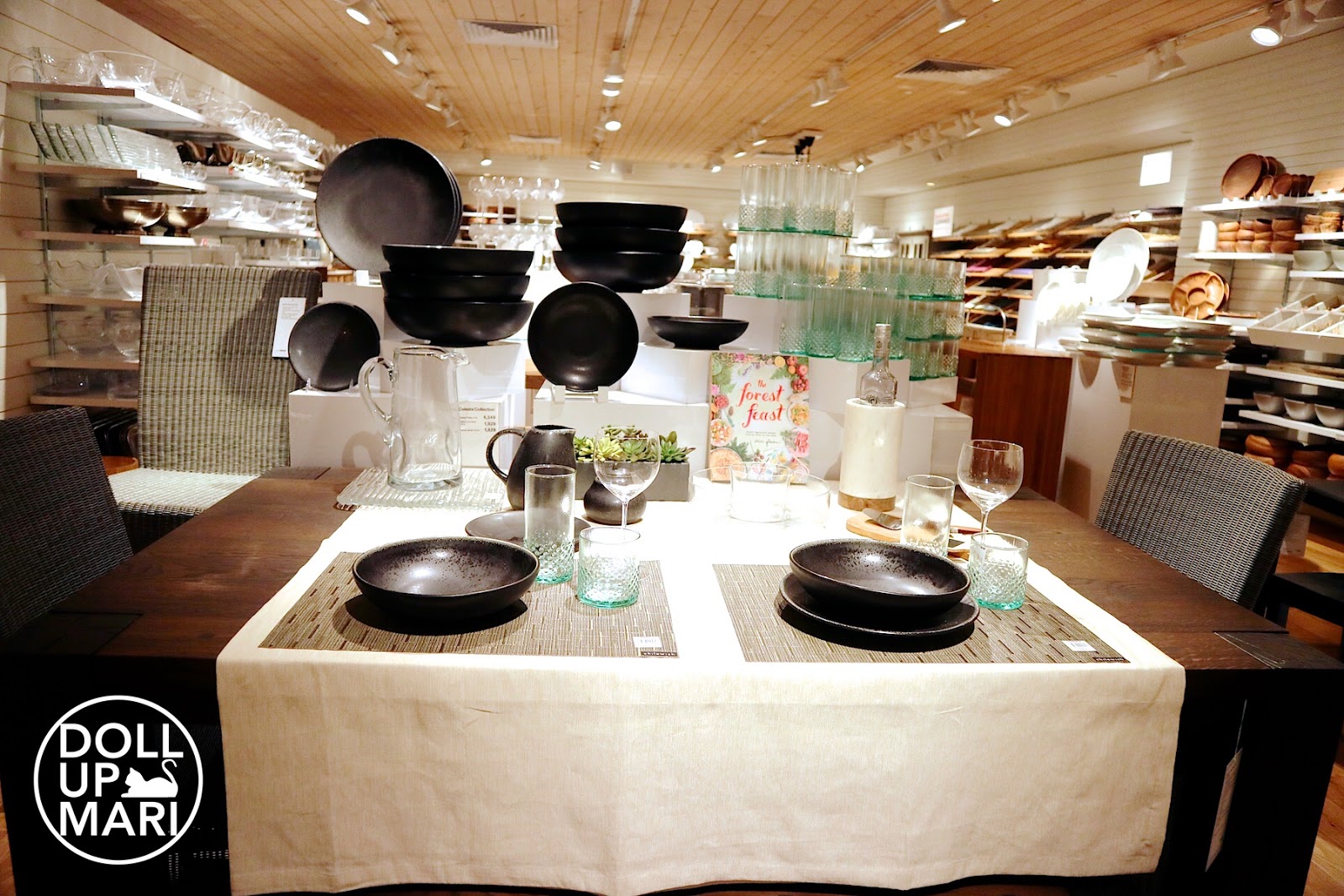 Crate and Barrel Black Stone Bowls In Zen Themed Table Cover 