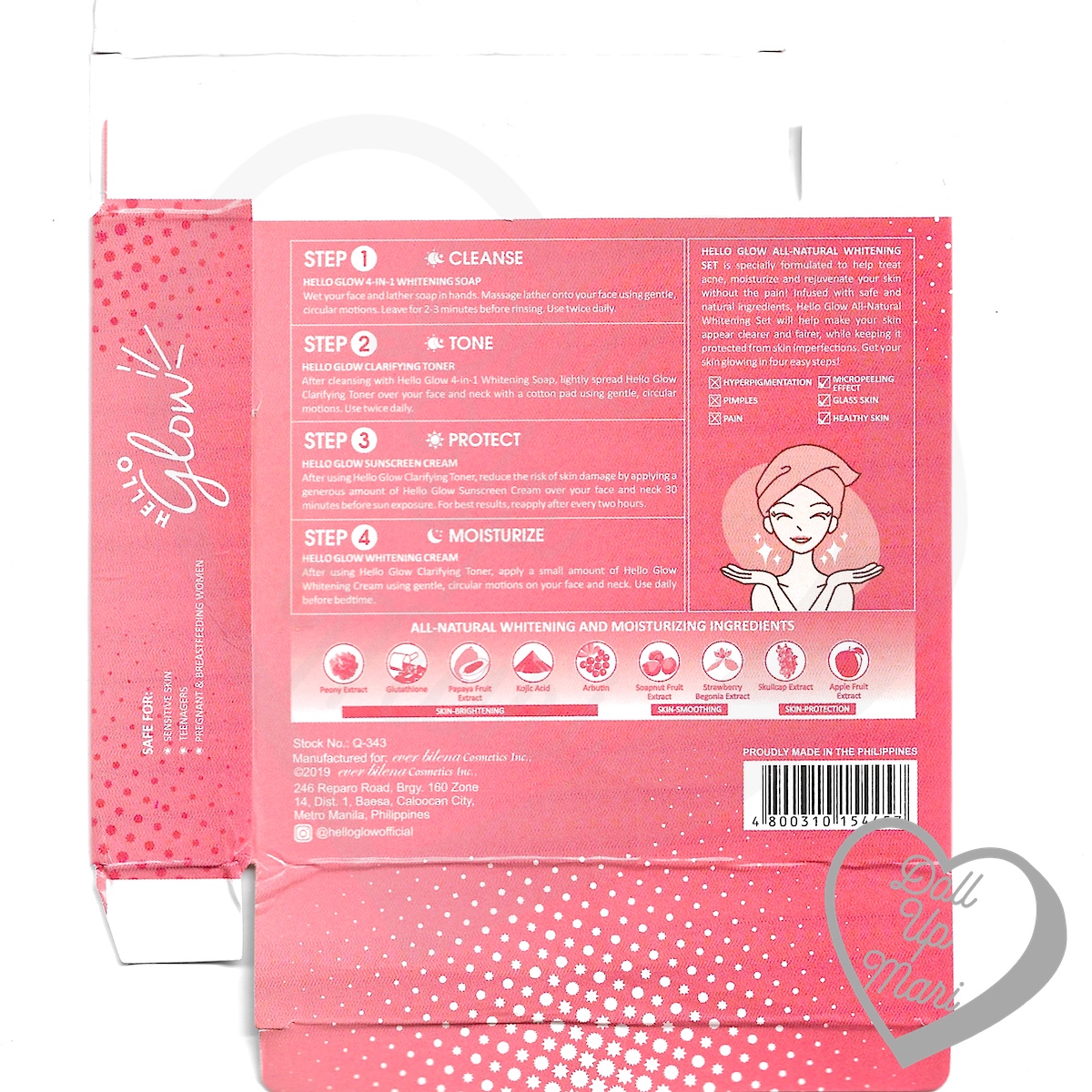 Hello Glow by Ever Bilena Box Rear Scan featuring ingredients, directions, and product information.