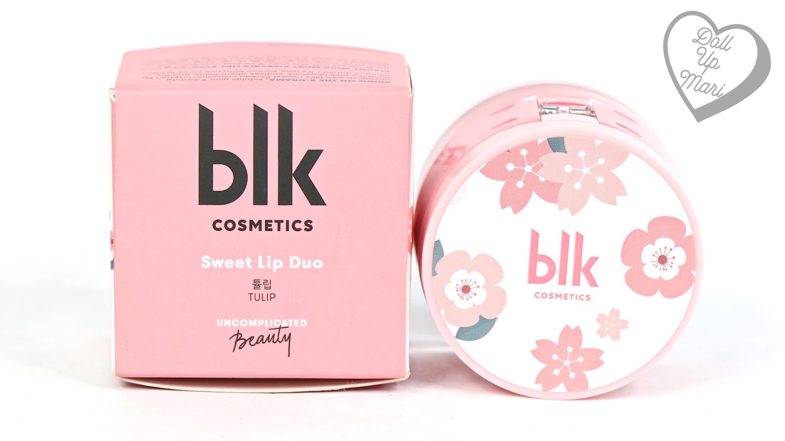 Box and Pack Shot of Tulip Shade of BLK Cosmetics Sweet Lip Duo Lip Balm and Lip Scrub
