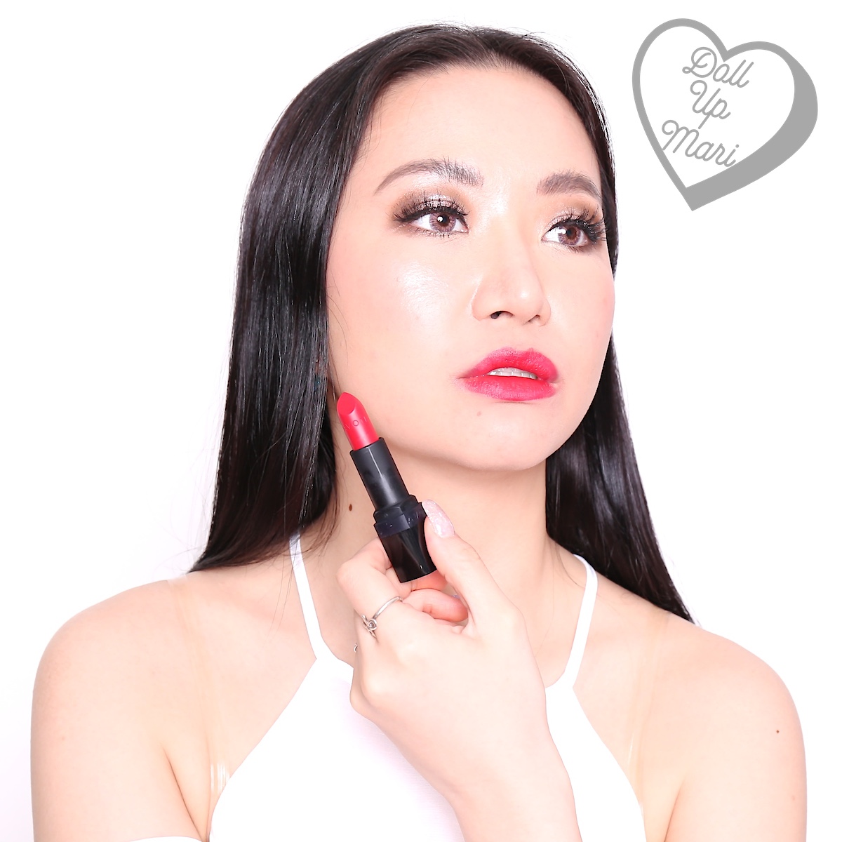 Mari wearing Ruby Kiss shade of AVON Perfectly Matte Lipstick