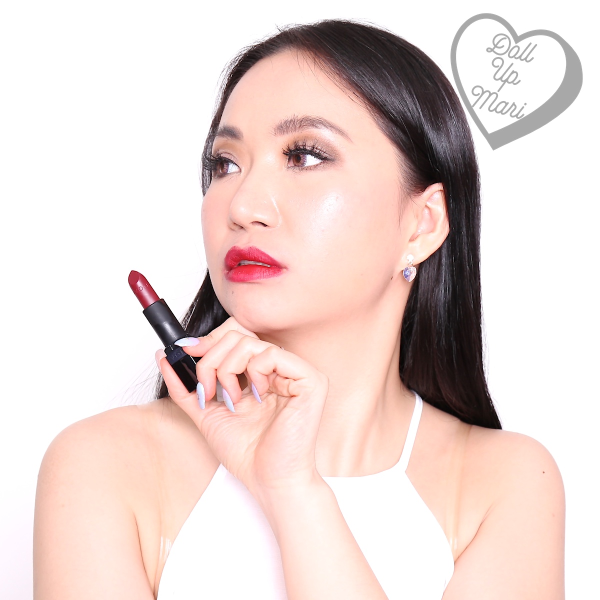 Mari wearing Wild Cherry shade of AVON Perfectly Matte Lipstick