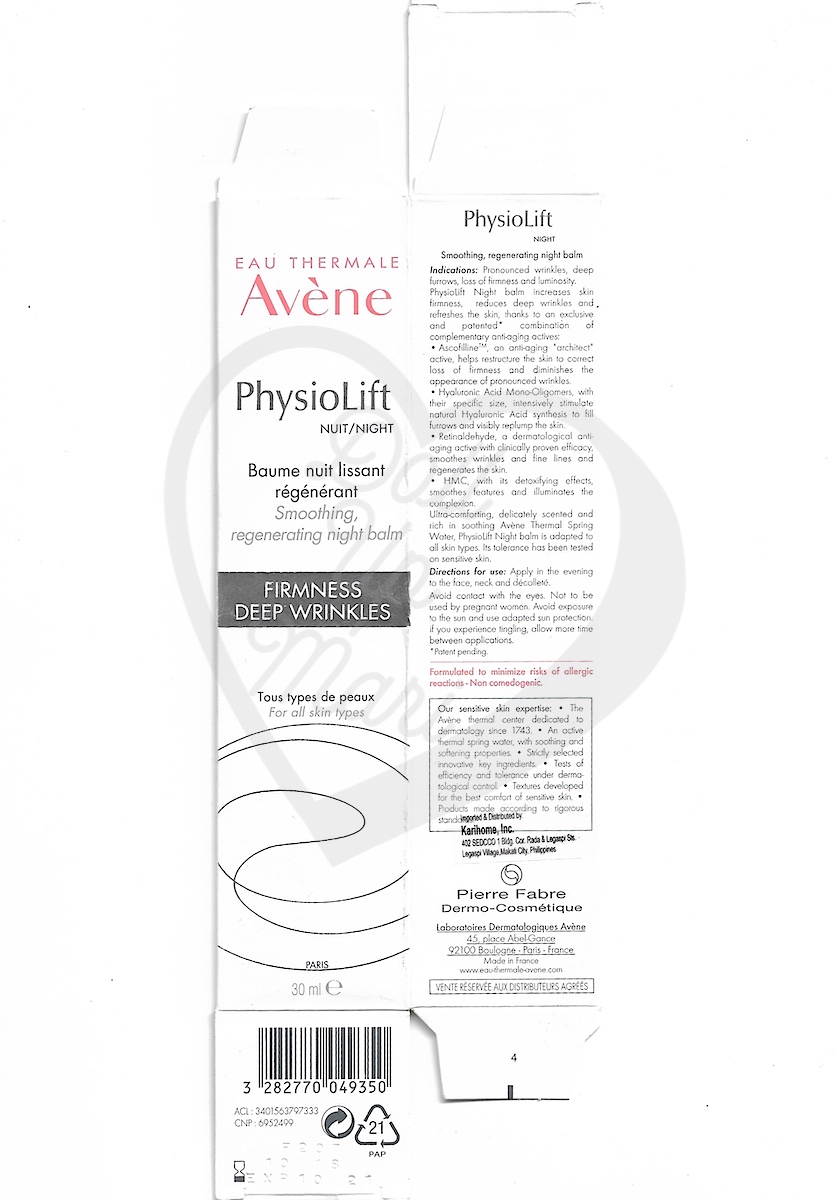 Box Scan of Avène PhysioLift Night Smoothing Regenerating Night Balm