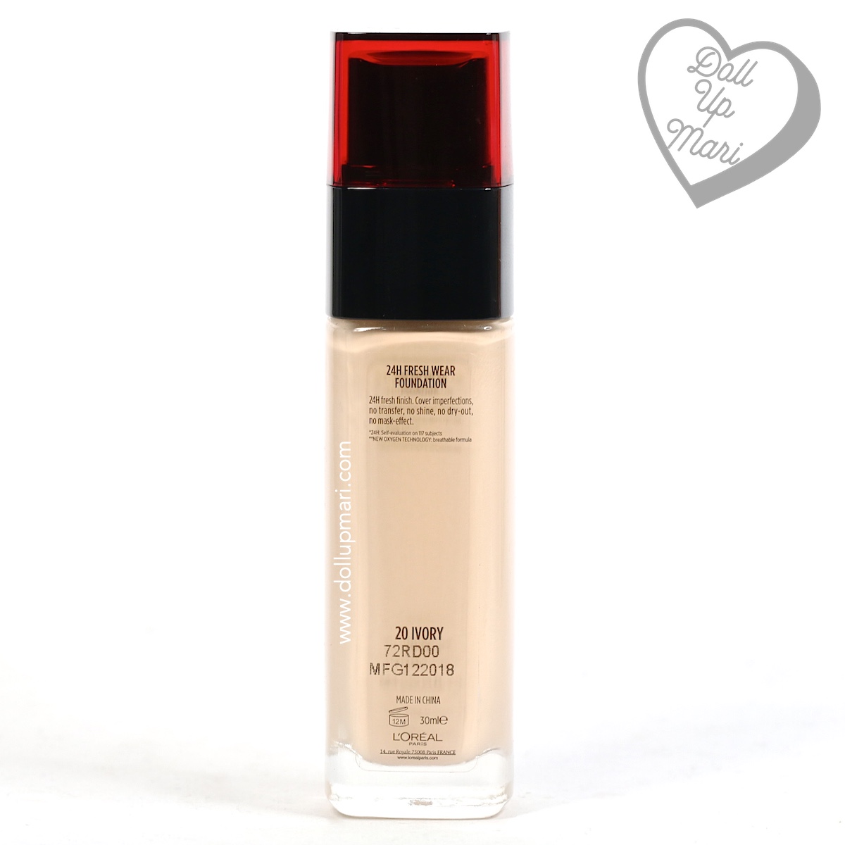 Bottle rear of L'Oréal Paris Infallible 24HR Fresh Wear Liquid Foundation SPF25PA+++ in shade Ivory