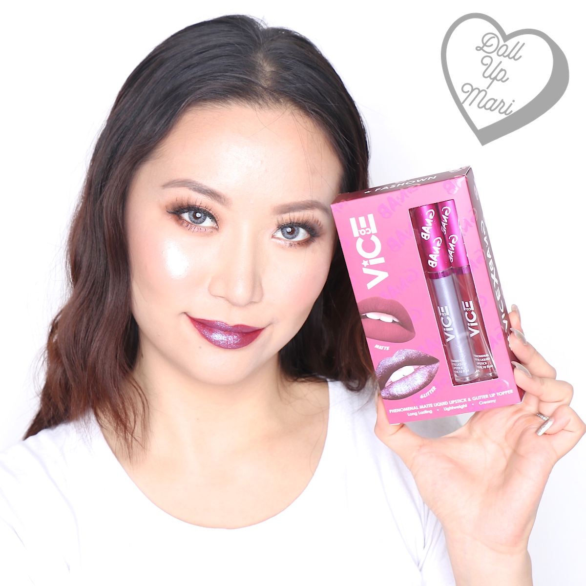 Mari wearing both matte liquid lipstick and glitter topper of the Fashown set of Vice X Bang lip set collection