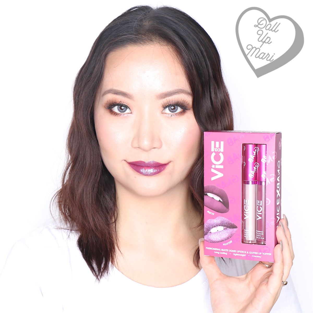Mari wearing both matte liquid lipstick and glitter topper of the Rrrahmpa set of Vice X Bang lip set collection